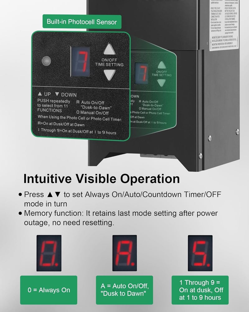 treewell 300W Low Voltage Landscape Transformer, Outdoor Landscape Lighting Transformer with Photocell Sensor & Timer, 120V AC to 12V/15V AC, Stainless Steel Waterproof Transformer, Black, ETL Listed - Image 4